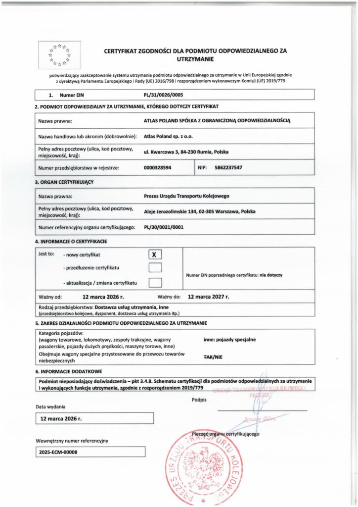 Certyfikat zgodności ECM — Atlas Poland
